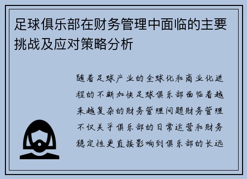 足球俱乐部在财务管理中面临的主要挑战及应对策略分析