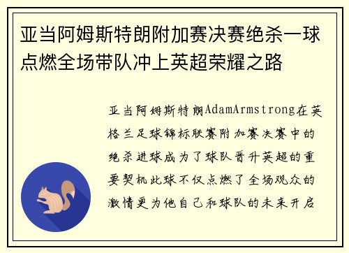 亚当阿姆斯特朗附加赛决赛绝杀一球点燃全场带队冲上英超荣耀之路